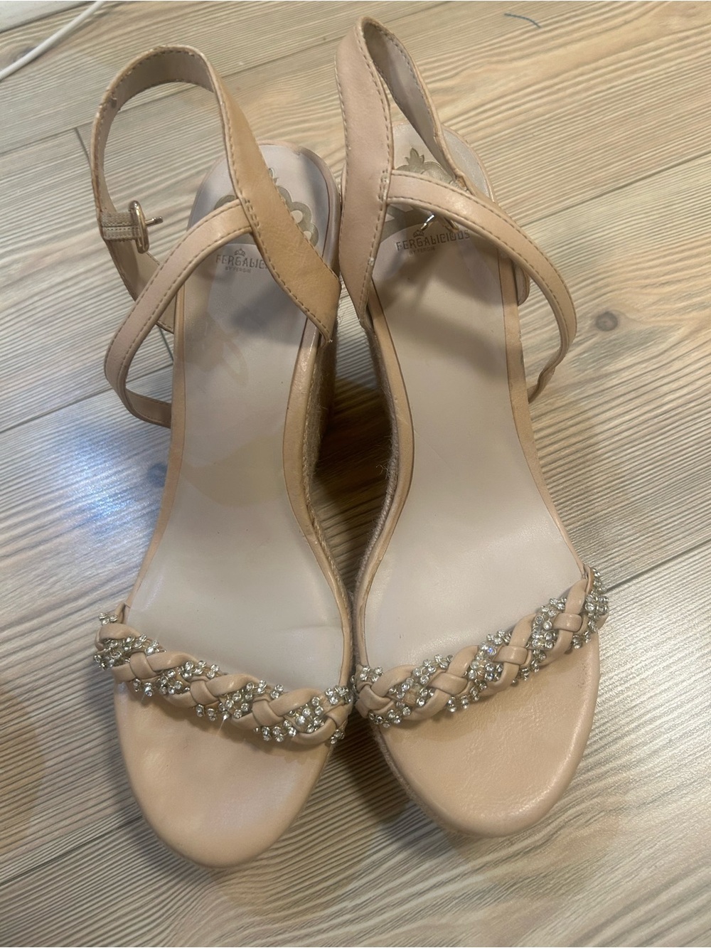 Fergalicious Nude Braided Rhinestone Slingback Heels Size 9